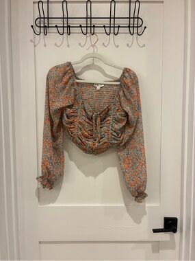 She + Sky Floral Smocked Crop Top in Orange and Mint